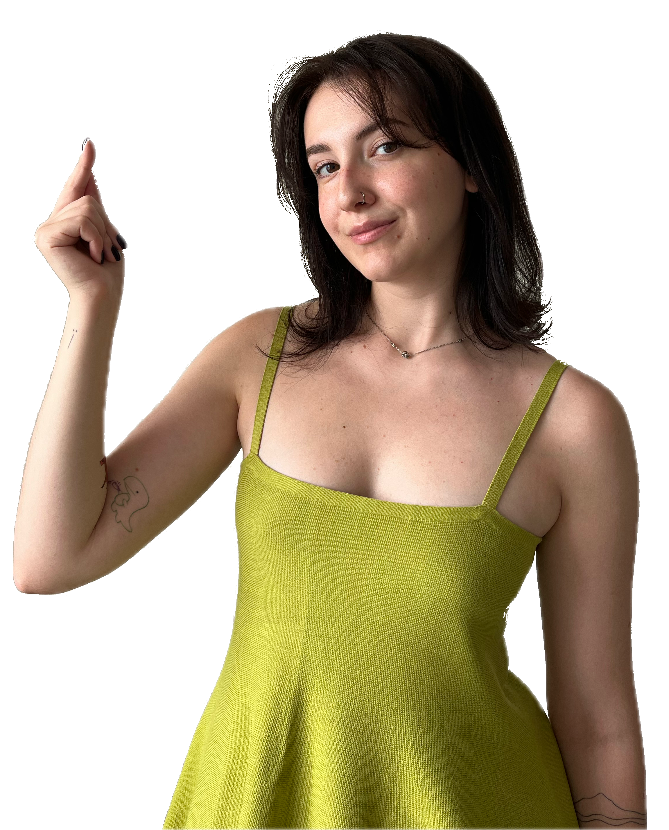 Maryna, English trainer, smiling with one hand raised mid-snap